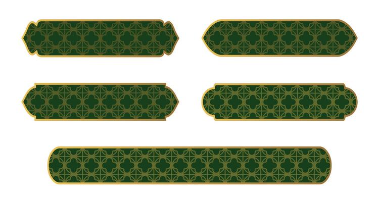 Collection Luxury golden arabic islamic text box title frame border set with ornamental template. Infographic design element. Islamic window, arche. Set golden green web button. Luxury islamic label