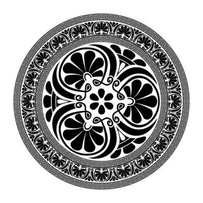 Greek round frame plate. Round frame with Greek meander, Byzantine pattern. Circle of Ancient Greece, Roman Empire. Greek style. Greek fret, key. Decoration of European palaces, ceramic, textile