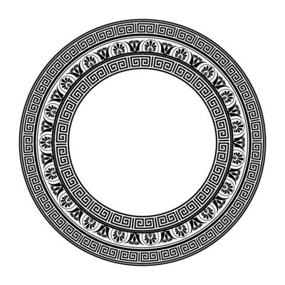 Round frame with Greek ornaments. Circle, ring plate of Ancient Greece, Roman Empire. Byzantine painting. For decoration of European palaces, ceramic, textile, embroidery, porcelain, engraving