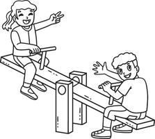 Playground Children on Seesaw Isolated Coloring vector