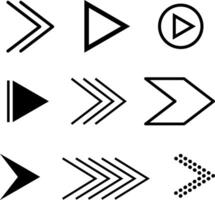 Minimal black arrow symbols including chevrons, play buttons, fast forward shapes and outline icons. Great for UI design, media navigation, infographic layouts and motion related projects. vector