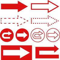 Collection of red arrows in flat, outline, dotted, and curved forms. Suitable for signage, web design, infographics, presentations, or editorial visuals. vector