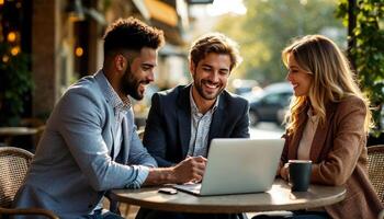 Business team having a meeting in a modern office with a city backdrop photo