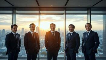 Business team standing by the window in office, with a cityscape view photo