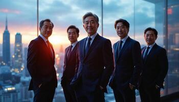 Business professionals enjoying a city sunset while standing in an office photo