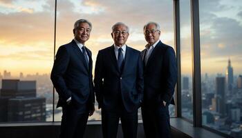 A group of business professionals standing proudly in front of a city skyline at sunset photo