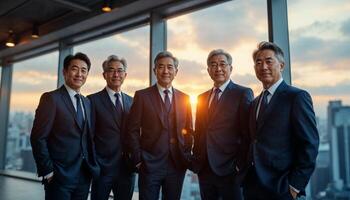 A group of business executives enjoying a successful moment in front of a city skyline photo