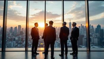 Group of business people standing by the window with city views at sunset photo