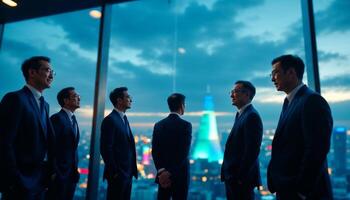 Business professionals standing by the window of a high-rise office building photo