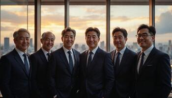 Business team in a modern office standing confidently with city views photo