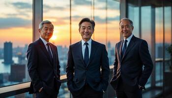 Business professionals talking in an office with city skyline in the background photo