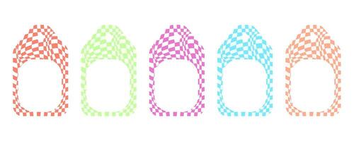 Set of distorted checkered tags in pastel colors. Wavy, warped square patterns create a unique optical illusion effect. Perfect for branding, packaging and creative design projects vector