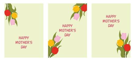 Set of Mothers Day banners with tulips and handwritten text. Elegant design with pastel flowers and typography. vector