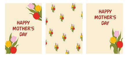Set of Mothers Day banners with tulips and handwritten text. Elegant design with pastel flowers and typography vector