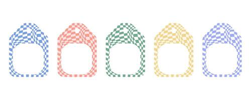 Set of distorted checkered tags in pastel colors. Wavy, warped square patterns create a unique optical illusion effect. Perfect for branding, packaging, and creative design projects vector
