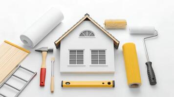 House Renovation Tools and Model Home on White Background photo