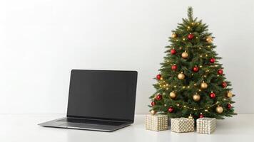 Working at Christmas Laptop Near Decorated Tree photo
