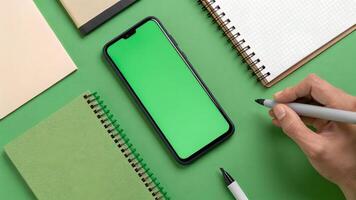 Phone with Green Screen and Notebooks on a Green Background photo