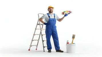 Painter Holding Palette Standing Near Ladder in Studio photo