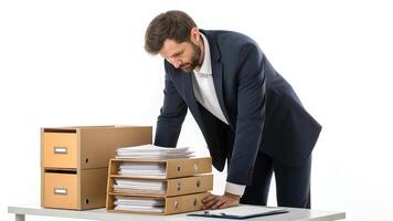 Man Leaning Over Desk with Paperwork and Folders in Office photo
