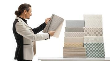 Person Selecting Fabric Swatches in Design Studio photo