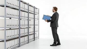 Man Inspecting Files in Archive Room with Shelves photo