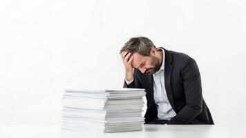 Stressed Man with Pile of Paperwork at Desk photo