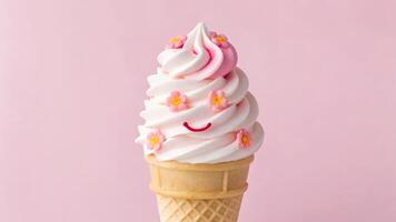 Swirled Ice Cream Cone with Candy Flowers on Pink Background photo