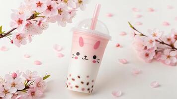 Bubble Tea with Bunny Design and Cherry Blossoms photo
