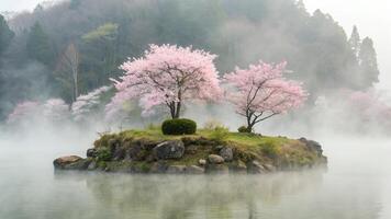 Cherry Blossoms on Island in Misty Lake photo