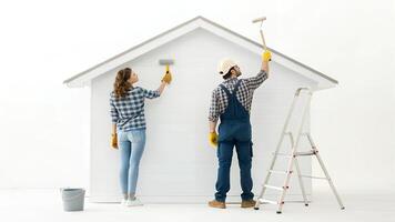 People Painting Small House Exterior with Paint Rollers and Ladder photo