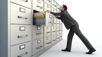 Man Opening Filing Cabinet Storing Documents in Office photo
