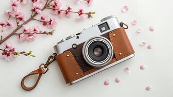 Silver Camera with Leather Case and Pink Blossoms photo