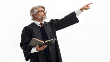 Man in Gown Pointing Holding Open Book on White Background photo
