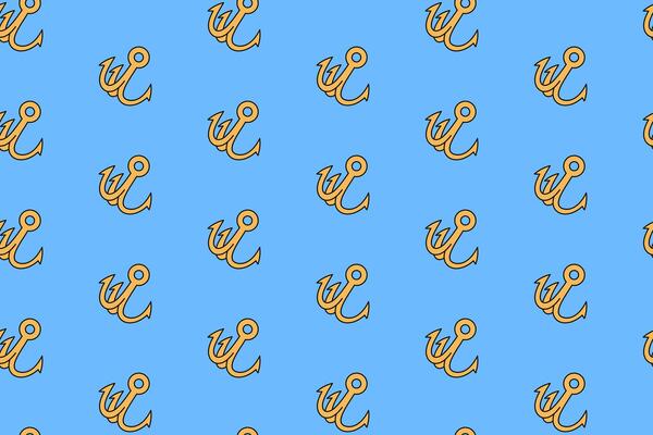 gold hook fishing gear colorful seamless pattern on blue background. fishhook with anchor shape doodle pattern background. metal hook pattern wallpaper for fisherman, angling, fishing merchandise