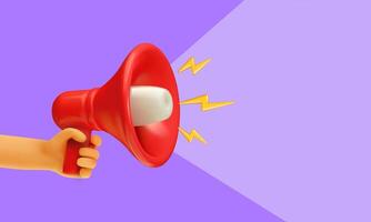 3D red megaphone held by hand with lightning bolts on purple background, symbolizing announcement, sound, and communication. vector
