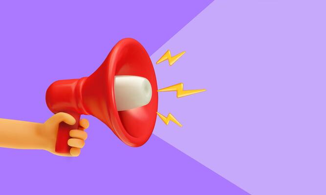 3D red megaphone held by hand with lightning bolts on purple background, symbolizing announcement, sound, and communication.