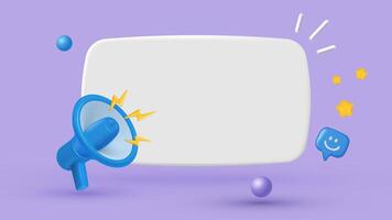 3D illustration of a megaphone with speech bubble and social media elements on purple background. vector