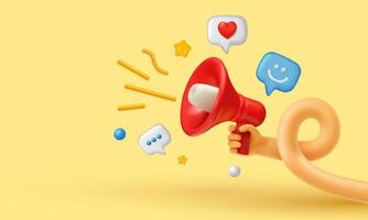 3D red megaphone held by a cartoon hand with social icons and emojis, representing message, feedback, and communication. vector