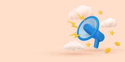 3D illustration of a megaphone with clouds, coins, and stars, featuring big news text on a peach background. vector