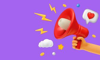 3D red megaphone held by hand with lightning, heart emoji, coins, and cloud on purple background, symbolizing communication and emotion. vector