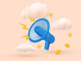 3D illustration of a blue megaphone surrounded by clouds, stars, and coins on a peach background. vector