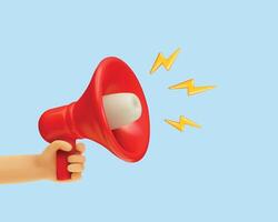 3D red megaphone held by hand with lightning bolts on blue background, representing loud announcement, sound, and communication. vector
