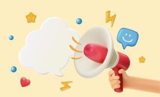 3D megaphone held by hand with speech bubble and emoji on yellow background, symbolizing announcement and communication. vector