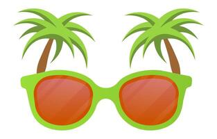 Green sunglasses with two palm trees growing on them suggest a relaxing summer vacation in a tropical location, evoking feelings of warmth, leisure, and escape vector