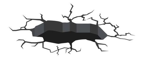 Ground splitting creating deep dark hole with jagged edges, representing concepts such as earthquake, damage, destruction, and geological phenomena vector