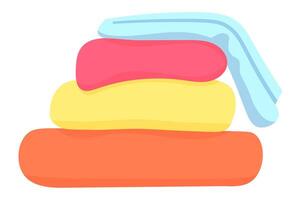Soft and fluffy towels stacked neatly create a visually appealing pyramid, featuring vibrant colors of orange, yellow, pink, and light blue, enhancing any bathroom or spa setting vector