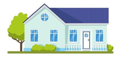 Light green detached house with blue roof, circular window, bushes and tree on white background, representing concepts such as home, family, and real estate vector