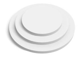 Three white round platforms are creating a pedestal with three levels, perfect for showcasing products or concepts, with a clean and minimalist design vector
