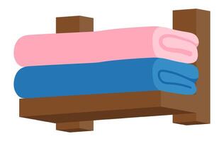 Soft pink and blue towels folded on a wooden shelf, creating a cozy and organized bathroom or spa setting, promoting relaxation and hygiene vector
